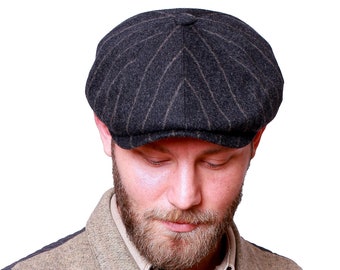 Dark Gray Striped Wool 8 Panels Cap, Peaky Blinders Hat, Baker Boy Hat,Irish flat cap, Gatsby Hat, Christmas Gift, Newsboy Cap