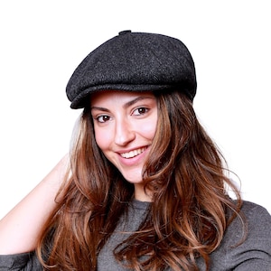 Berretto a 8 pannelli in lana a spina di pesce nera, cappello Peaky Blinders, cappello da donna Baker Boy, berretto piatto irlandese, regalo di Natale, berretto da donna Newsboy, sciarpa da donna