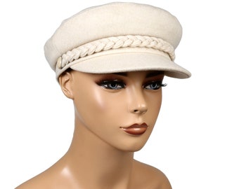 Ivory Women Fiddler  Hat, Women Wool Blend Newsboy Cap, Cabbie Hat, Sailor Captain Hat, Skipper Officer Hat, Yachtsman Fisherman Cap