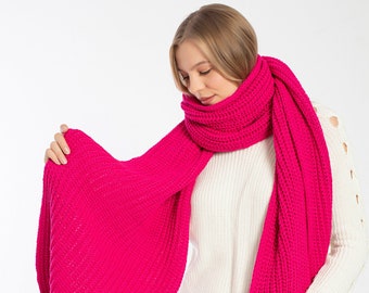 Pink Oversize Extra Long Chunky Scarf, Unisex Winter Hand Knitted Shawl, Women Blanket Scarf, Soft Ribbed Shoulder Wrap, Christmas Gift