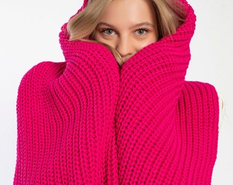 Roze oversize extra lange dikke sjaal, Hatsquare unisex winter handgebreide sjaal, damesdeken sjaal, zachte geribbelde wrap, kerstcadeau