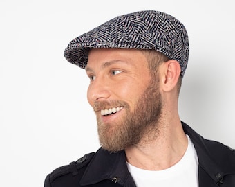 Casquette en tweed de laine bleu foncé, 8 panneaux, taille unique, style gavroche, casquette plate Hatsquare, ensemble écharpe homme, casquette faite main