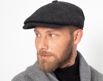 Casquette noire 8 panneaux en laine à chevrons, chapeau Peaky Blinders, chapeau Baker Boy, casquette plate irlandaise, cadeau de Noël, casquette gavroche Hatsquare, ensemble écharpe homme