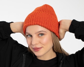 オレンジのシームレスビーニーキャップ、ウールリブ付きユニセックス