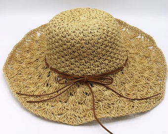 Camel Summer Lace Style Wide Brim Straw Hat, Holiday Hat, Women Summer Hat, Beach Hat, Sun Hat, Boho Hat, Women Hat, Foldable Sun Hat