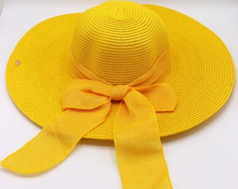 Chapeau de paille à large bord jaune de style romantique vintage, chapeau de vacances, chapeau d'été pour femme, chapeau de plage, chapeau bohème, chapeau de soleil pliable, chapeaux de demoiselle d'honneur