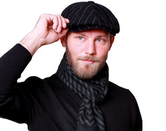Black Striped Wool 8 Panels Cap, Peaky Blinders Hat, Baker Boy Hat