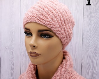 ON SALE - Pink Color Winter Beanie Infinity Scarf Set, 5 Different set, Handmade Knitting, Slouchy Beanie, Winter Women Set, Christmas Gift