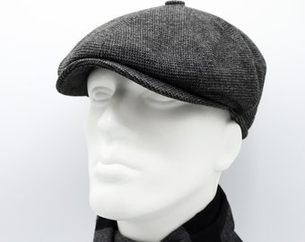 Berretto a 8 pannelli in lana tweed grigio scuro, cappello Peaky Blinders, cappello Baker Boy, berretto piatto irlandese, regalo di Natale, berretto da strillone Hatsquare, set sciarpa da uomo