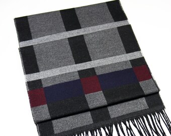 Black Gray Plaid Wool Men Scarf, Suit Scarf, Scarves for Men, Winter Scarf, Fabric Scarf, Christmas Gift, Valentines Gift