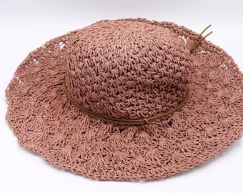 Sombrero de paja rosa con encaje, ala ancha, plegable para la playa.