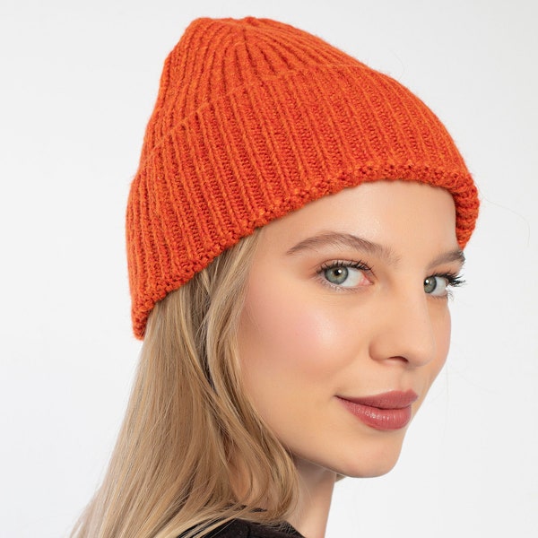 Bonnet orange sans couture, bonnet unisexe en acrylique, bonnet d’hiver Hatsquare, casquette crâne d’homme, bonnet tricoté à revers, bonnet super doux pour femmes