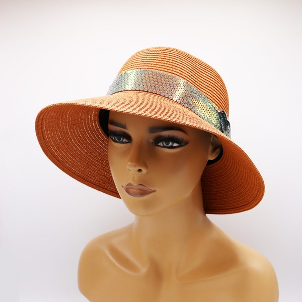 ON SALE - Orange Straw Hat with Sequins, Holiday Hat, Women Summer Hat, Wide Brim Hat, Beach Sun Hat, Boho Hat, Women Hat, Mothers Day Gift