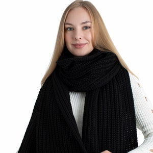 Black Oversize Extra Long Chunky Scarf, Unisex Winter Hand Knitted Shawl, Women Blanket Scarf, Soft Ribbed Shoulder Wrap, Christmas Gift