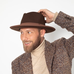 Brown Vegan Felt Fedora Hat, Hatsquare Men Winter Hat, Mid-Stiff Fedora Hat, Women Wide Brim Hat, Flat Brim, Bridesmaid / Groomsman Hat