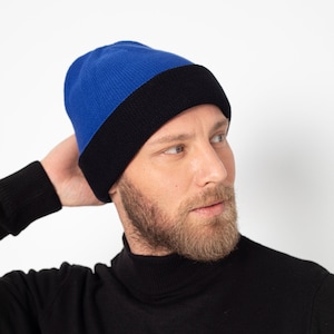 Blau Schwarz Beanie Cap, Acryl Reversible Unisex Beanie, Hatsquare Man Winter Beanie, Doppellagige Skull Cap, Winter Cuffed Strickmütze