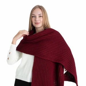 Burgundy Oversize Extra Long Chunky Scarf, Unisex Winter Hand Knitted Shawl, Women Blanket Scarf, Soft Ribbed Shoulder Wrap, Christmas Gift