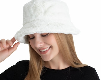 White Faux Fur Women Bucket Hat ,  Chunky Vegan Fur Hat, Warmer Ear Cap, Women Winter Fluffy Hat, Fashion Bucket Hat, Soft Warm Bucket