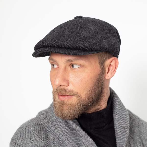 Black Herringbone Wool 8 Panels Cap, Peaky Blinders Hat, Baker Boy Hat, Irish flat cap, Christmas Gift, Hatsquare Newsboy Cap, Men Scarf Set