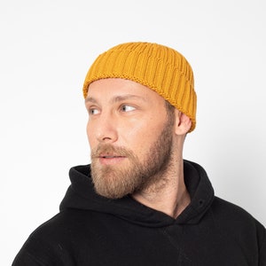 Mustard Yellow Crochet Winter Fisherman Beanie , Handmade Man Docker Cap, Sailor Military Brimless Hat, Skull Cap, Winter Dock Worker Hat