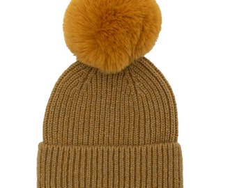 Gorro de lana unisex con pompón personalizado, de canalé sin costuras, color amarillo mostaza, gorro de invierno con calavera para hombre, gorro de punto con puños supersuave para mujer