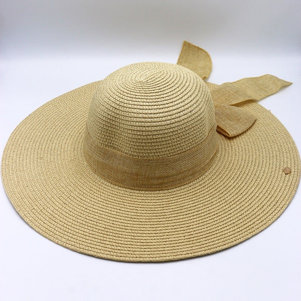 Chapeau de paille à large bord beige de style romantique vintage, chapeau de vacances, chapeau d'été pour femme, chapeau de plage, chapeau bohème, chapeau de soleil pliable, chapeaux de demoiselle d'honneur