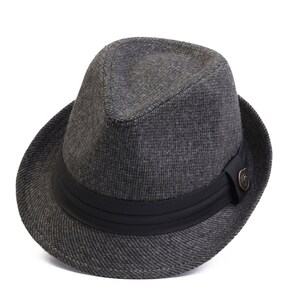 May include: A grey fedora hat with a black band and a small metal button on the side.
