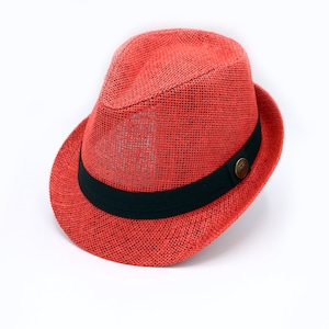 Red Fedora Straw Hat, Straw Fedora Hat, Beach Hat, Sun Hat, Boho Hat, Short Brim Hat, Men Summer Hat, Woman Straw Hat, Summer Gift
