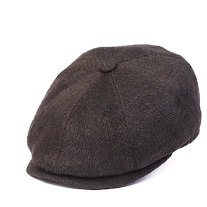 Dark Brown Herringbone Wool 8 Panels Cap, Peaky Blinders Hat, Baker Boy Hat, Irish flat cap, Hatsquare Newsboy Cap, Ivy Cap, Man Winter Hat