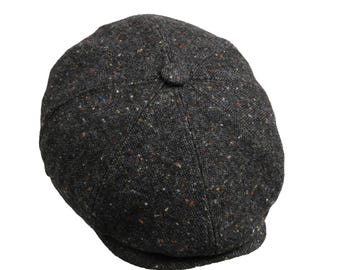 Casquette en tweed de laine noir à 8 panneaux, casquette gavroche, casquette plate irlandaise, casquette de gavroche carrée, casquette d'hiver en tweed