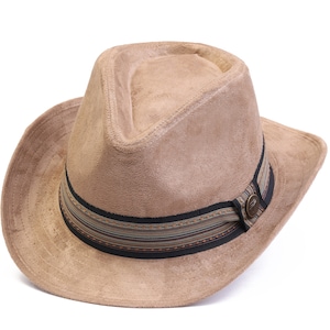 May include: A brown suede fedora hat with a black and brown striped band.