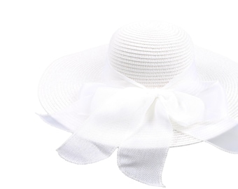 Witte romantische vintage stijl strohoed met brede rand, dubbele strik vakantiehoed, zomerhoed dames, strandhoed, boho opvouwbare zonnehoed, bruidsmeisjeshoed