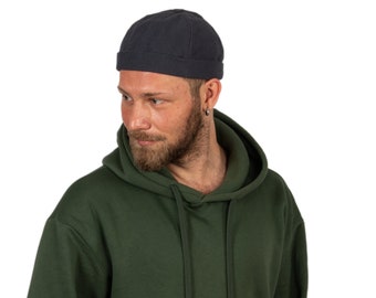Bonnet docker en coton gris foncé, bonnet été homme, chapeau marin sans bord militaire, casquette tête de mort en coton streetwear, chapeau de docker en tissu