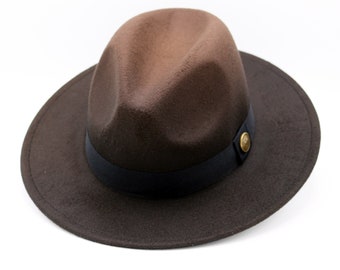 Brown Ombre Fedora Hat, Vegan Felt Stiff Brim Hat, Men Winter Hat