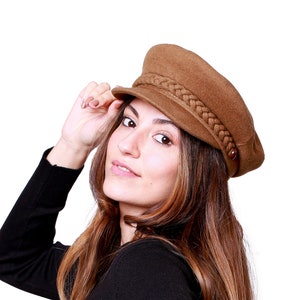 Camel Women Wool Fiddler  Hat, Women Newsboy Cap, Cabbie Hat, Sailor Captain Hat, Skipper Officer Hat, Yachtsman Fisherman Cap