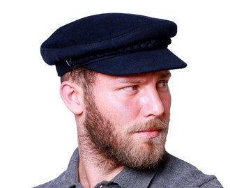 Dark Blue Man Wool Winter Fiddler Hat, Man Sailor Captain Hat, Skipper Officer Hat, Yachtsman Fisherman Cap, Man Cabbie Hat