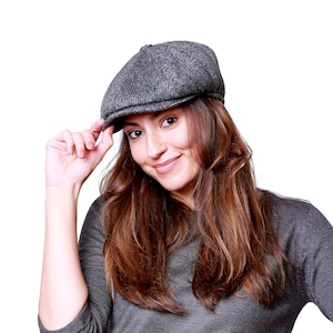 Dark Gray Herringbone Wool 8 Panels Cap, Peaky Blinders Hat, Baker Boy Women Hat, Gatsby Hat, Christmas Gift, Women Newsboy Cap, Woman Scarf