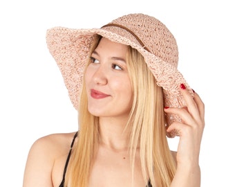 Sombrero de paja rosa pálido de ala ancha estilo encaje, sombrero de vacaciones, sombrero de playa de verano para mujer, sombrero para el sol, sombrero plegable para el sol, sombrero para damas de honor en bodas