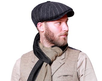 Dark Gray Striped Wool 8 Panels Newsboy Cap, Hatsquare Newsboy Cap, Peaky Blinders Hat, Baker Boy Hat, Irish flat cap, Gatsby Hat