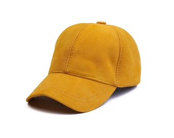 Golden Yellow Suede Baseball Cap, Hatsquare Leather Hat, Woman Hat, Adjustable Leather Cap, Man Leather Baseball Cap, Sports Cap, Dad Cap