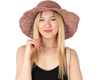 Sombrero de paja de ala ancha con encaje rosa para verano, sombrero para vacaciones, sombrero de verano para mujer, sombrero de playa, sombrero para el sol, sombrero bohemio, sombrero para mujer, sombrero para el sol plegable