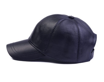 Dark Blue Leather Baseball Cap, Hatsquare Leather Baseball Cap, Adjustable Man Leather Cap, Women Leather hat, Sports Cap, Dad Hat