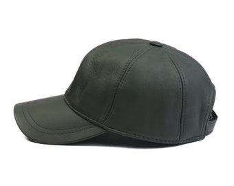 Dark Green Leather Baseball Cap, Hatsqaure Leather Hat, Woman Leather Hat, Adjustable Leather Cap,Man Leather Baseball Cap, Sports Cap