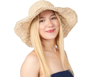 Chapeau de paille à bord large beige dentelle, chapeau de mariage, chapeau d'été femme, chapeau de plage, chapeau de soleil, chapeau bohème, chapeau de soleil pliable, chapeau de demoiselle d'honneur