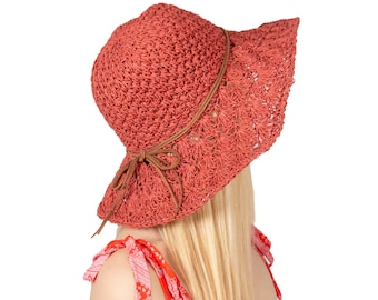 Coral Red Summer Lace Style Wide Brim Straw Hat, Holiday Hat, Women Summer Hat, Beach Hat, Sun Hat, Boho Hat, Women Hat, Foldable Hat