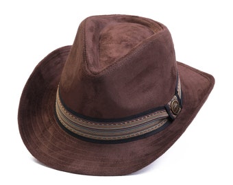 Brown Suede Leather Band Western Fedora Hat NEW Vegan Suede Cowboy Hat | Western Fedora, Cattleman Style  main image 4