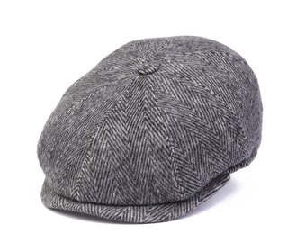 Dark Gray Herringbone Wool 8 Panels Cap, Peaky Blinders Hat, Baker Boy Hat, Irish flat cap, Groomsman Gatsby Hat,  Hatsquare Man Newsboy Cap