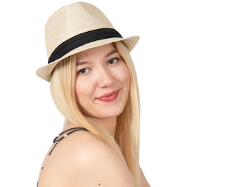 Beige Fedora Straw Hat, Straw Fedora Hat, Beach Hat, Sun Hat, Boho Hat, Short Brim Hat, Men Summer Hat, Woman Straw Hat, Summer Gift