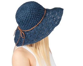 Cappello di paglia a tesa larga in stile pizzo blu scuro estivo, cappello da sposa, cappello estivo da donna, cappello da spiaggia, cappello da sole, cappello boho, cappello da donna, cappello pieghevole