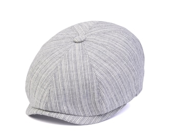 Blue White Striped Summer Linen 8 Panels Cap, Peaky Blinders Hat, Baker Boy Summer Hat,Irish flat cap, Ivy League Hat, Fathers Day Gift